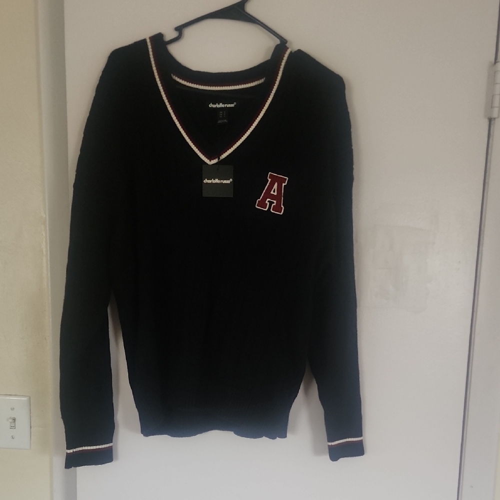 Black V-Neck Sweater with Red Accent
